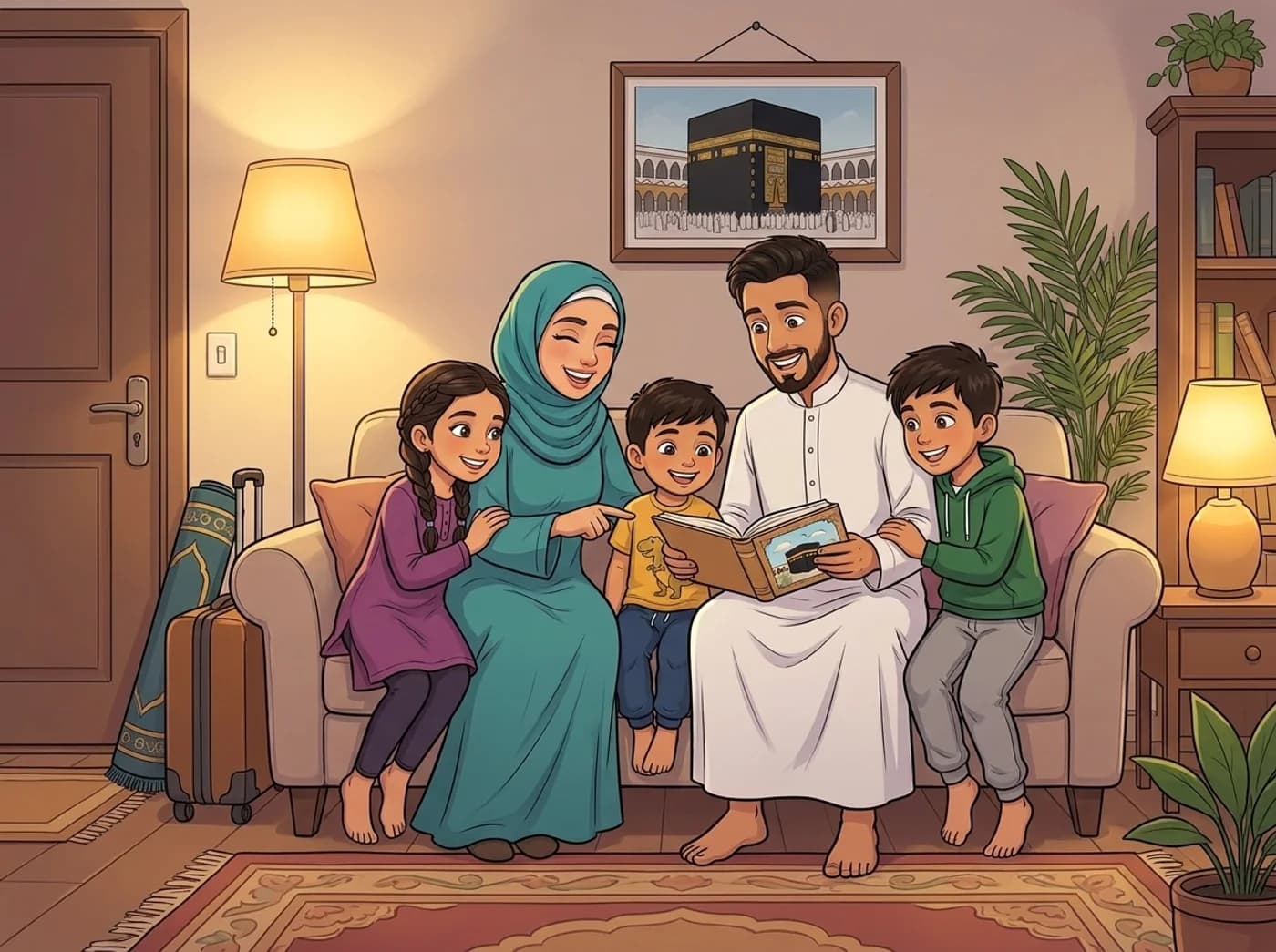 A mother, father and their three children on the sofa at home, reading a picture book together after Hajj