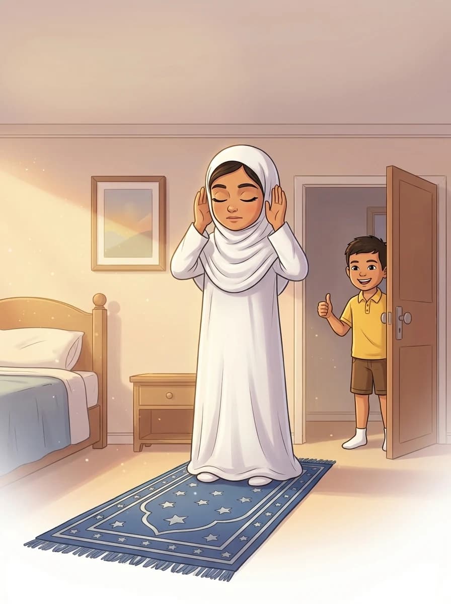 A child at prayer in an illustrated story