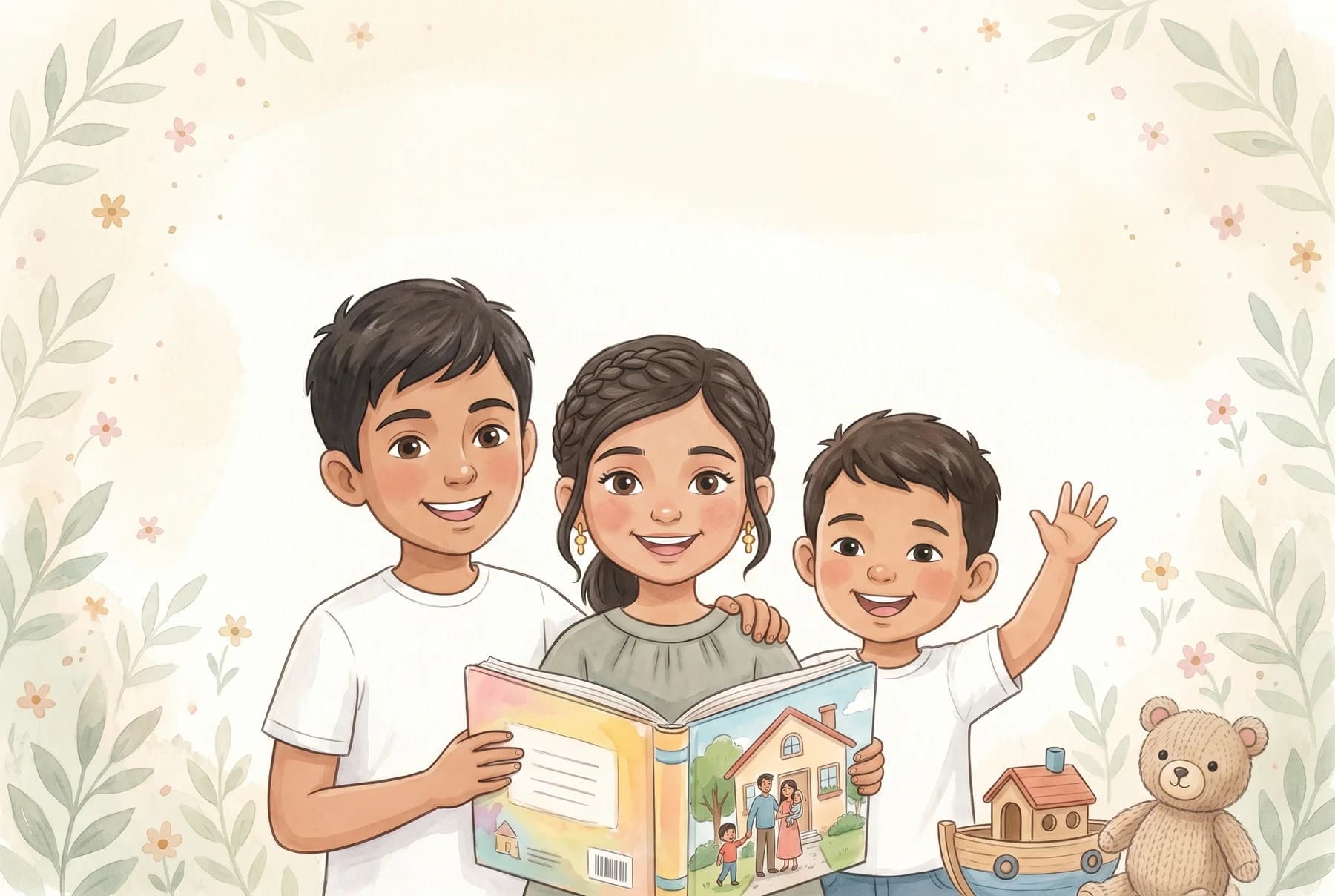 Adam, Safaa and Idris welcoming you, one waving and one holding an open picture book